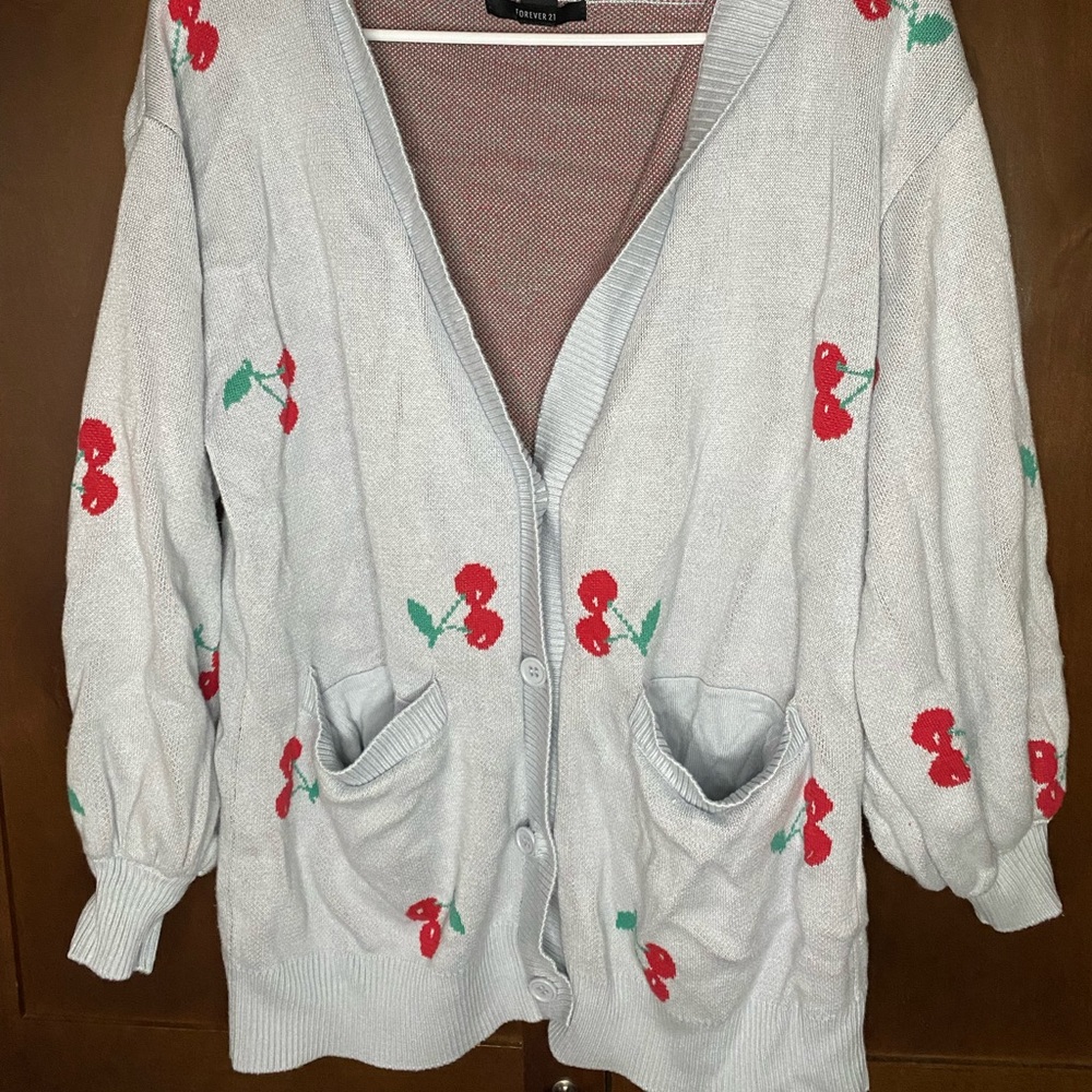 Blue, cherry printed, Forever 21 cardigan, size small!